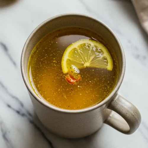 Close-up top-down view of a hand holding a sturdy mug of Pink Salt and Turmeric Morning Tonic garnished with lemon, set on a natural surface with a journal, looking natural and part of a morning ritual.