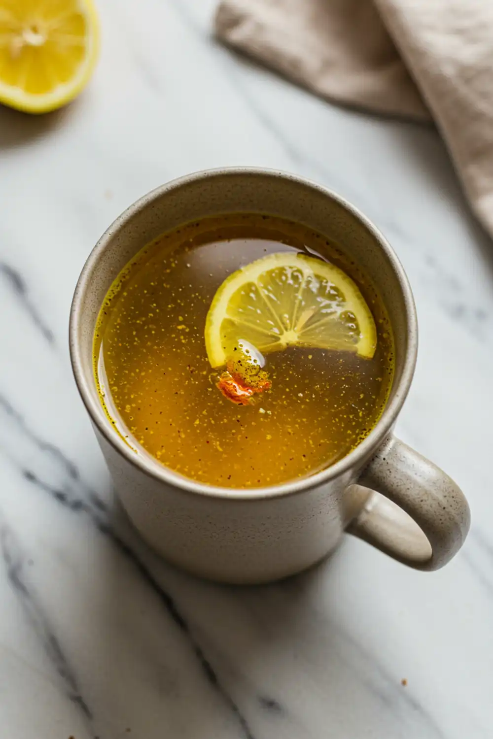 Close-up top-down view of a hand holding a sturdy mug of Pink Salt and Turmeric Morning Tonic garnished with lemon, set on a natural surface with a journal, looking natural and part of a morning ritual.