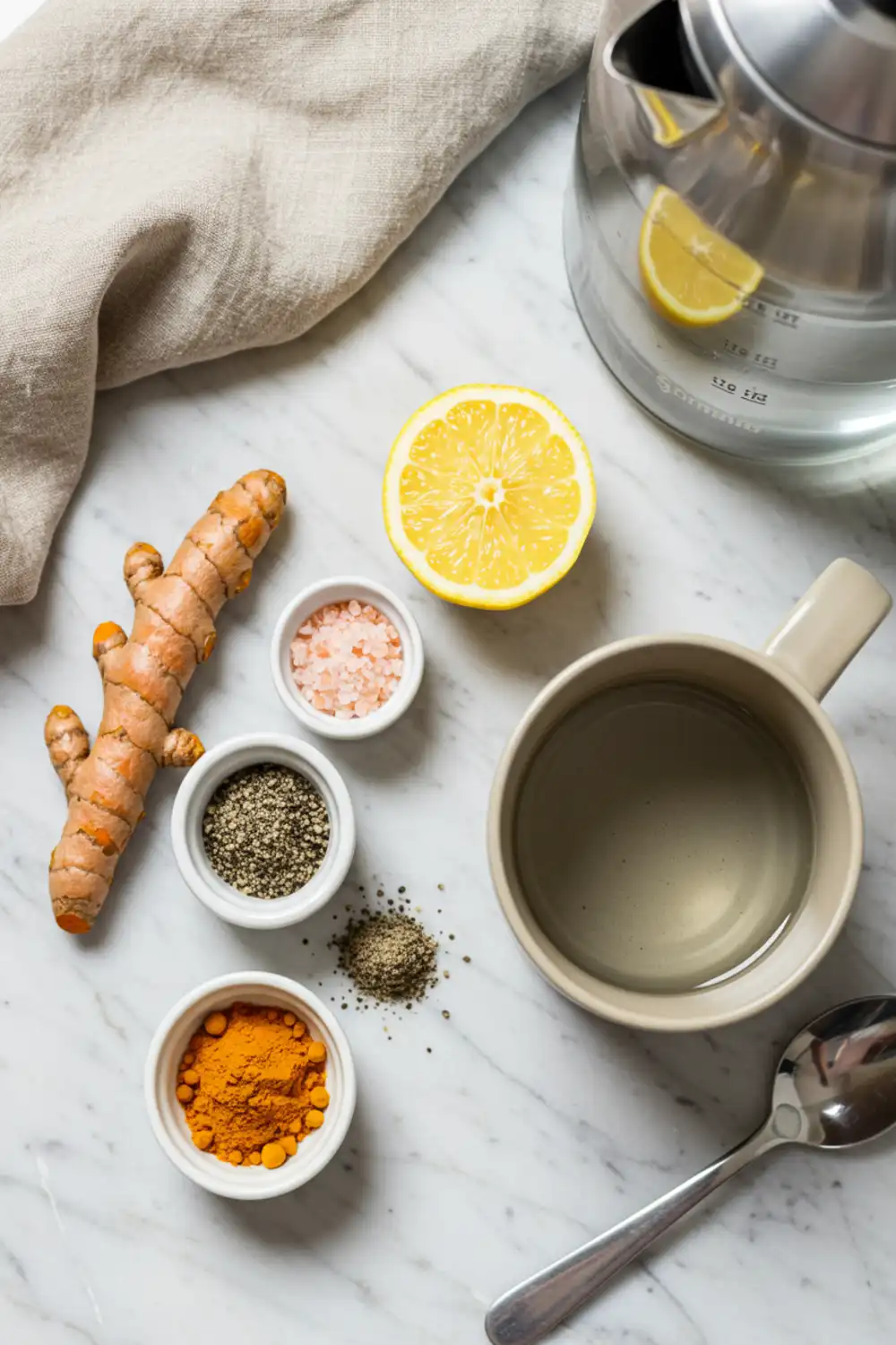 Close-up top-down view of Pink Salt and Turmeric Morning Tonic assembling in a mug with subtle wear, showing turmeric paste being diluted with warm water, with a natural, home-cooked feel.
