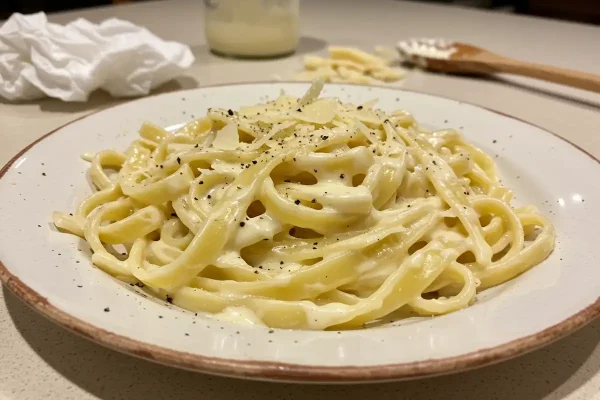 Close-up of fettuccine with Alfredo sauce, Parmesan, and black pepper on a white plate, with a messy kitchen background.